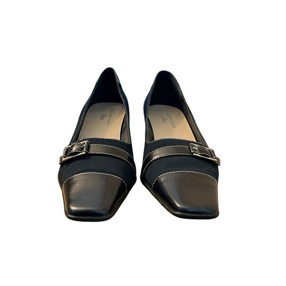 AK ANNE KLEIN iflex 9 M Black Fabric Heels Pumps Buckle Slip On Square Toe - Picture 7 of 9
